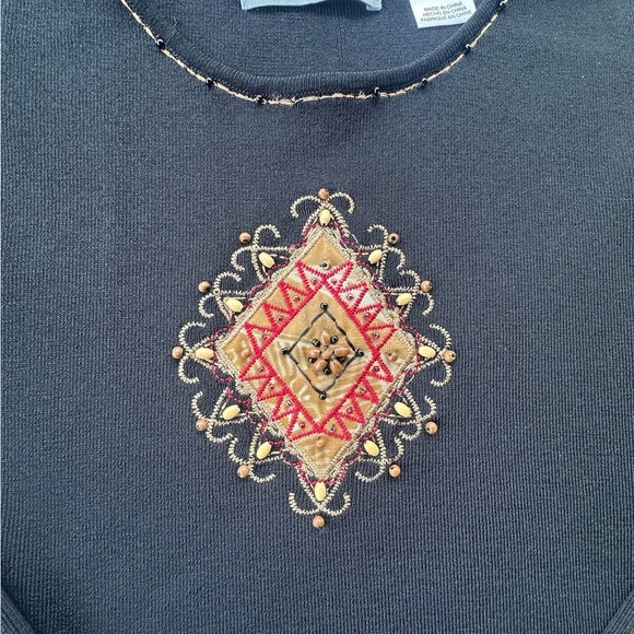 Vintage Alfred Dunner Black Embroidery Beaded Blouse 3/4 Sleeves Size PL Grunge - Picture 3 of 6